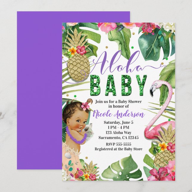 Purple Hawaiian Aloha Tropical Baby Vintage Shower Invitation (Front/Back)