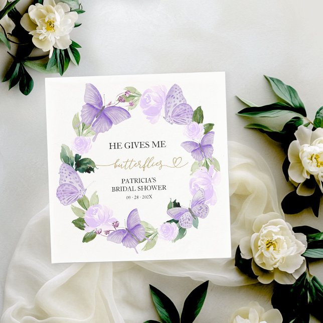 Purple He Gives Me Butterflies Bridal Shower  Napkin (Creator Uploaded)