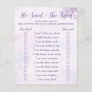 Purple He Said She Said Bridal Shower Game Flyer