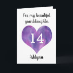 Purple Heart 14th Granddaughter Birthday Card<br><div class="desc">A personalized 14th birthday card for granddaughter that features a purple watercolor heart. You can personalize the watercolor heart with the age you need and add her name underneath the heart. The inside card message reads a heartfelt birthday message,  which also be easily personalized if wanted.</div>