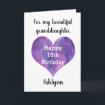 Purple Heart 18th Birthday Granddaughter Card<br><div class="desc">A purple watercolor heart 18th birthday card for granddaughter,  goddaughter,  daughter,  etc. The front of this modern 18th birthday card can be easily personalised with her name. This would make a unique birthday card keepsake for her eighteenth birthday.</div>