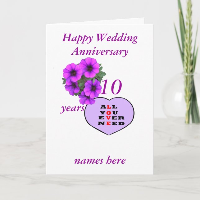 Purple Heart and flowers Anniversary add names, Card (Front)