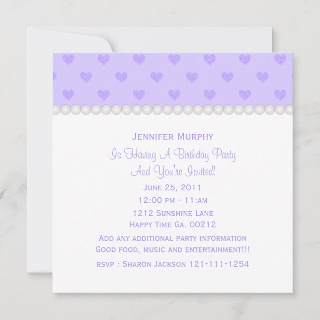 Purple Heart and Pearls Party Invitation (Front)