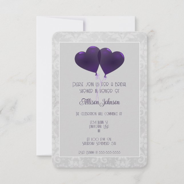 Purple Heart Balloons Bridal Shower Invitation (Front)
