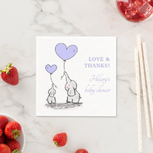 Purple Heart Balloons Girl Elephant Baby Shower Napkin