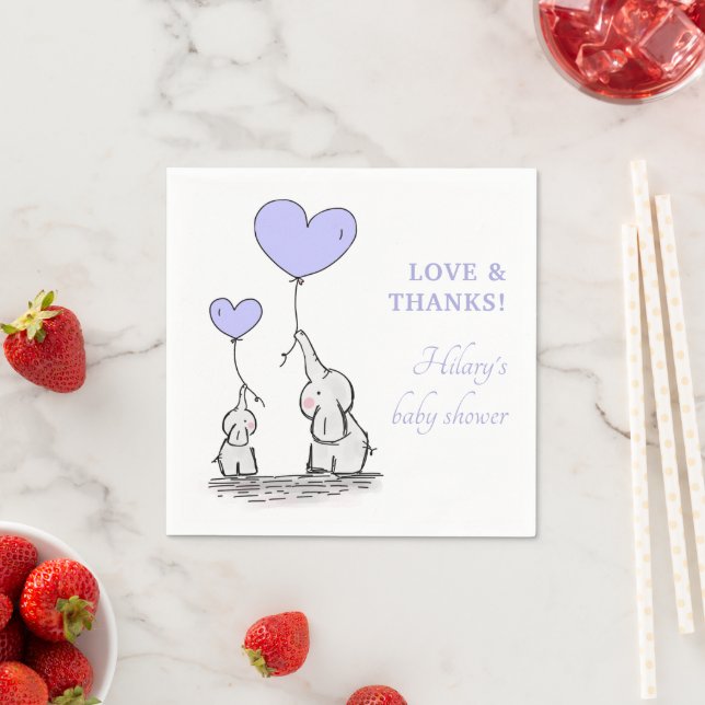 Purple Heart Balloons Girl Elephant Baby Shower Napkin (Insitu)