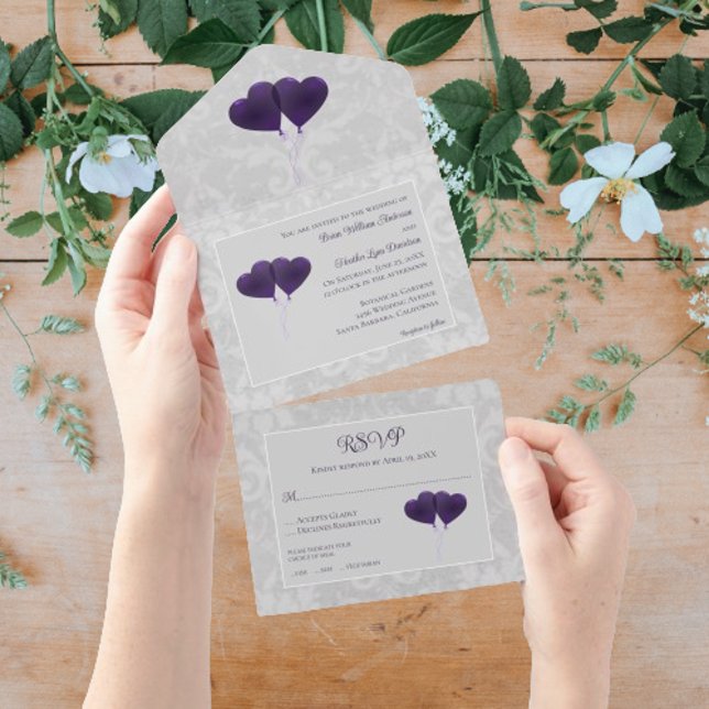 Purple Heart Balloons Wedding All In One Invitation (Purple Heart Balloons Wedding All in One Invitation)