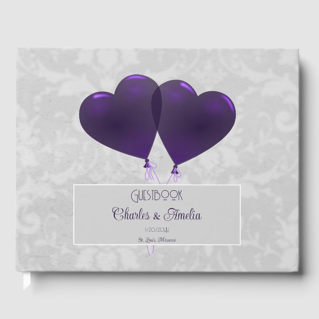 Purple Heart Balloons Wedding Guest Book (Front)