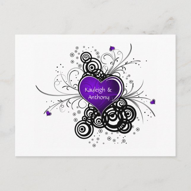 Purple Heart Black Swirls Save The Date Announcement Postcard (Front)