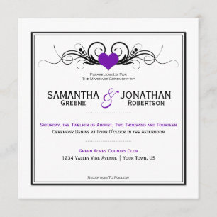 Purple Heart Black Swirls White Wedding Invitation