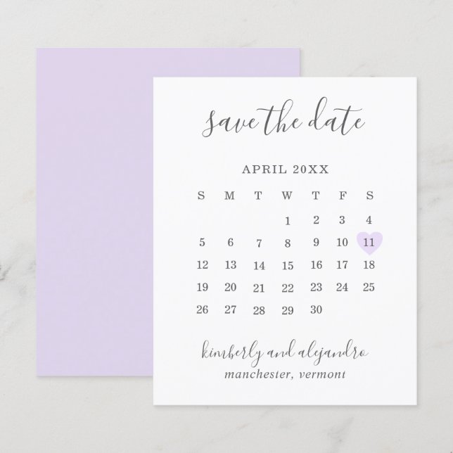 Purple Heart Calender Budget Wedding Save the Date (Front/Back)