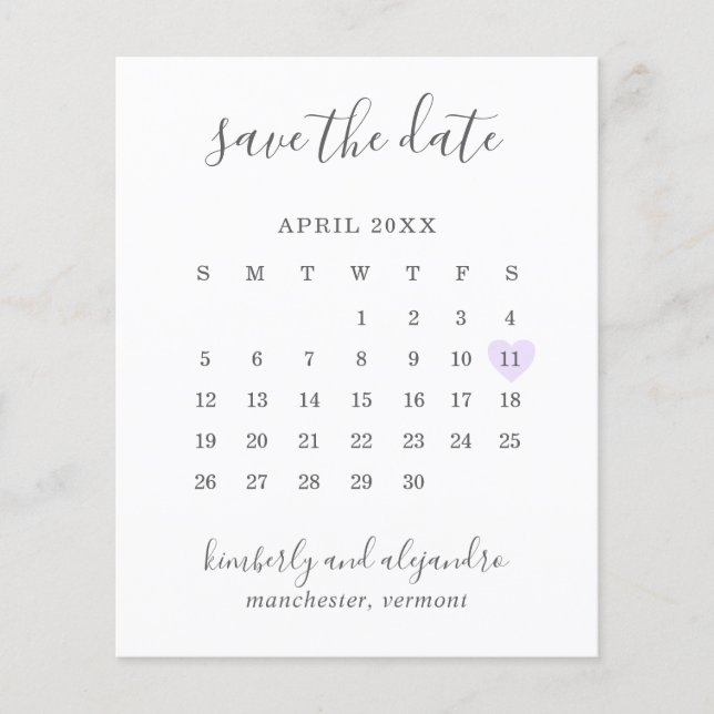 Purple Heart Calender Budget Wedding Save the Date Flyer (Front)