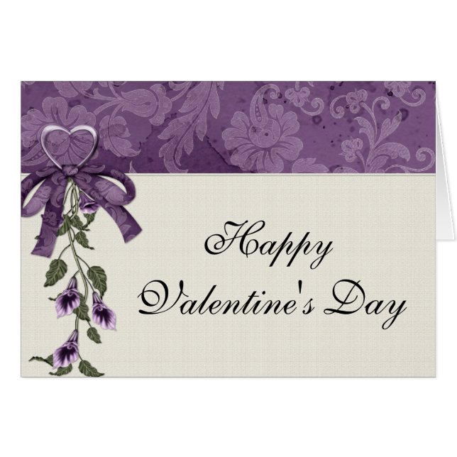 Purple Heart/Flowers Happy Valentine's Day Card (Front Horizontal)