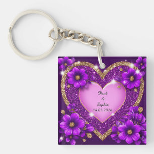 Purple Heart Frame with Glitter and Flowers Key Ring