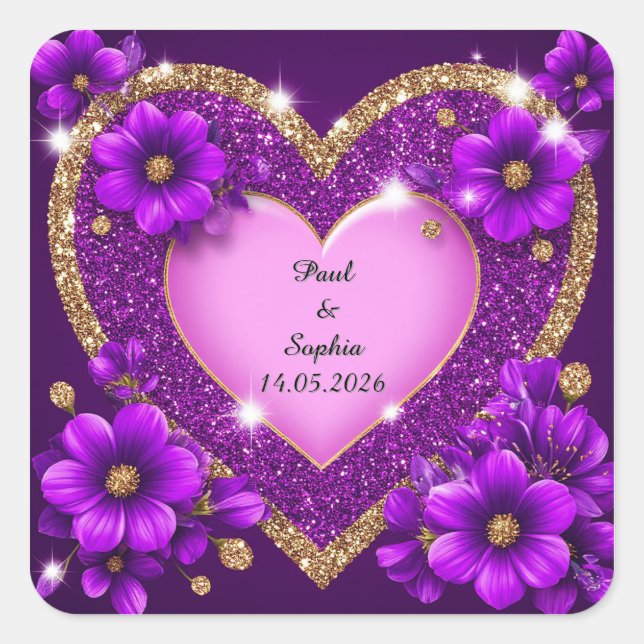 Purple Heart Frame with Glitter and Flowers Square Sticker (Front)