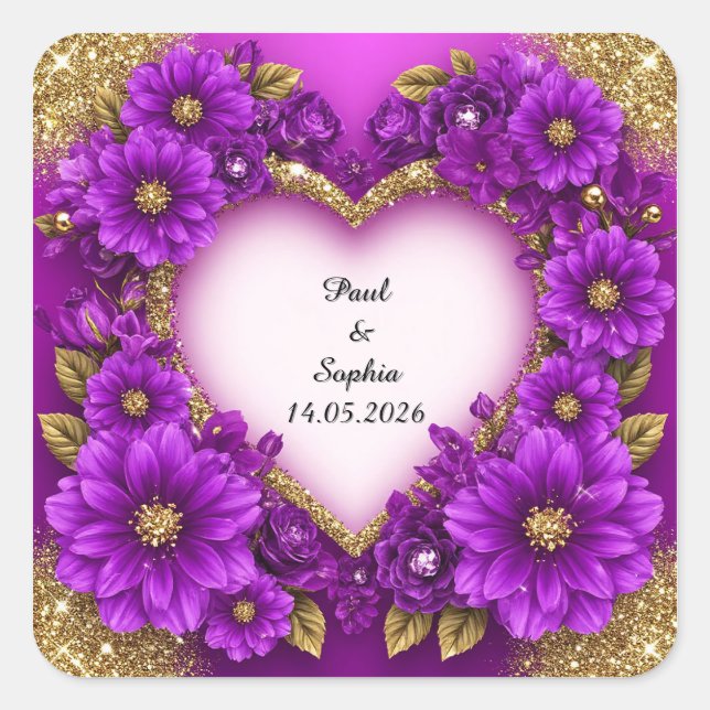 Purple Heart Frame with Glitter and Flowers Square Sticker (Front)