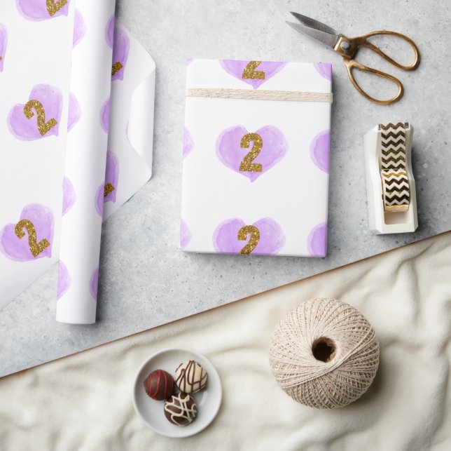 Purple Heart Gold Glitter 2nd Birthday  Wrapping Paper (Crafts)