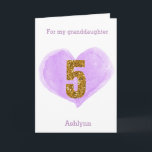 Purple Heart Gold Glitter 5th Birthday Card<br><div class="desc">A personalised 5th birthday card featuring a purple watercolor heart and a gold glitter five. You can personalise the front of this 5th birthday card with her name. Please note there is not actual glitter, but a glitter design effect. There is a sweet birthday message inside, which can also be...</div>