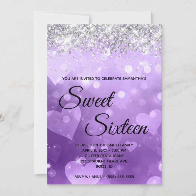 Purple Heart Gradient Silver Glitter Sweet Sixteen Invitation (Front)
