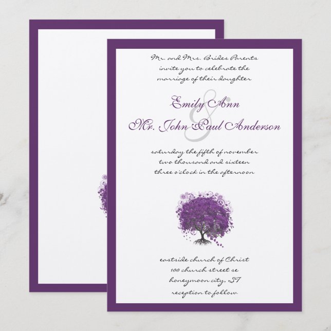 Purple Heart Leaf Tree Borders Wedding Invite (Front/Back)