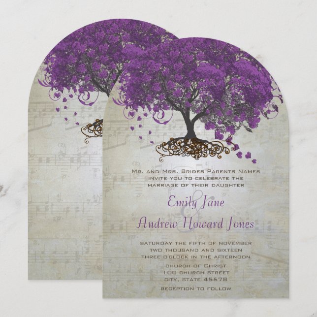 Purple Heart Leaf Tree Wedding Invites (Front/Back)