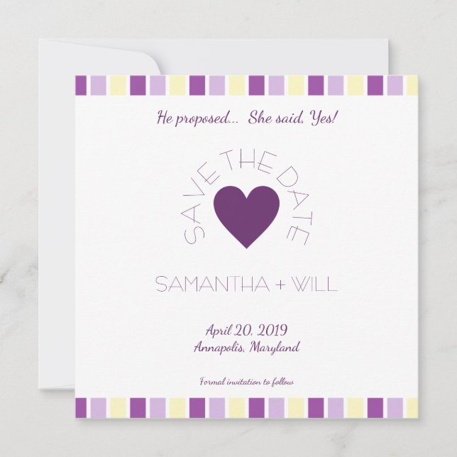 Purple Heart Modern and Minimalist Striped Design Save The Date (Front)