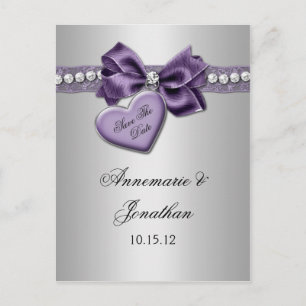Purple Heart Ribbon Diamonds Silver Save The Date Announcement Postcard