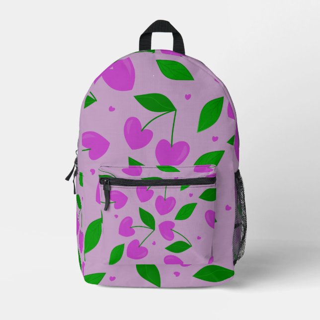 purple heart shape cherries valentines printed backpack (Front)