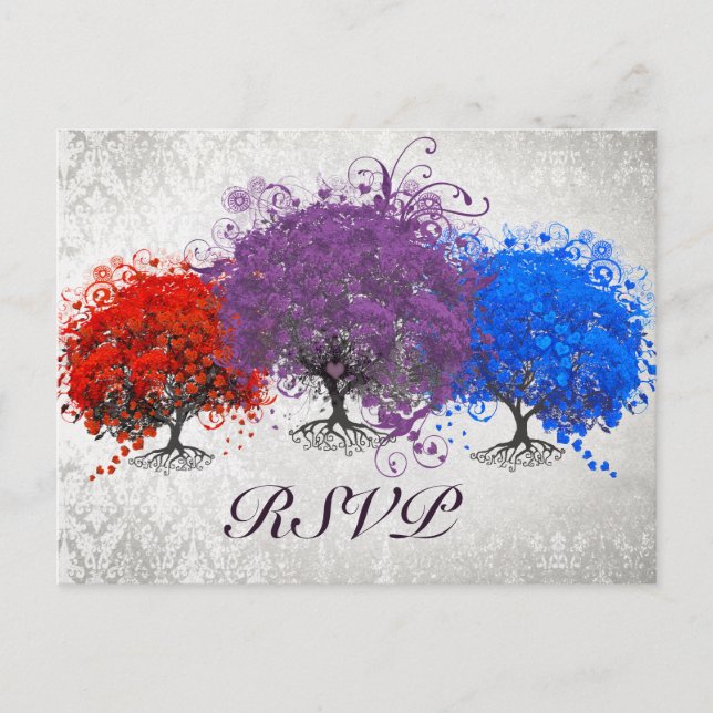 Purple Heart Tree Wedding Monogram Response Card (Front)