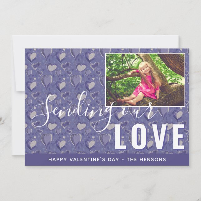 Purple Heart Valentine`s Day Script Family Photo Holiday Card (Front)