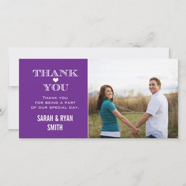 Purple Heart Wedding Photo Thank You Cards (Front)