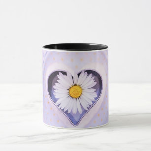 Purple Heart & White Daisy Flower – Elegant Floral Mug