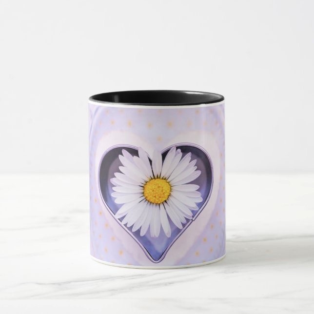 Purple Heart & White Daisy Flower – Elegant Floral Mug (Center)