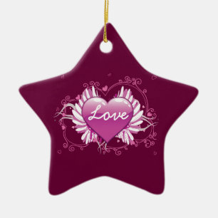 Purple heart wings swirls Love Valentine's Day Ceramic Tree Decoration