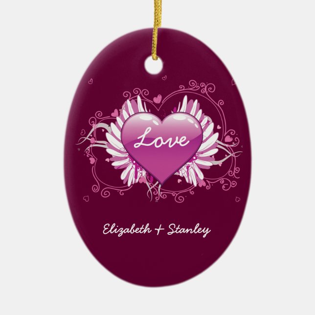 Purple heart wings swirls Love Valentine's Day Ceramic Tree Decoration (Front)
