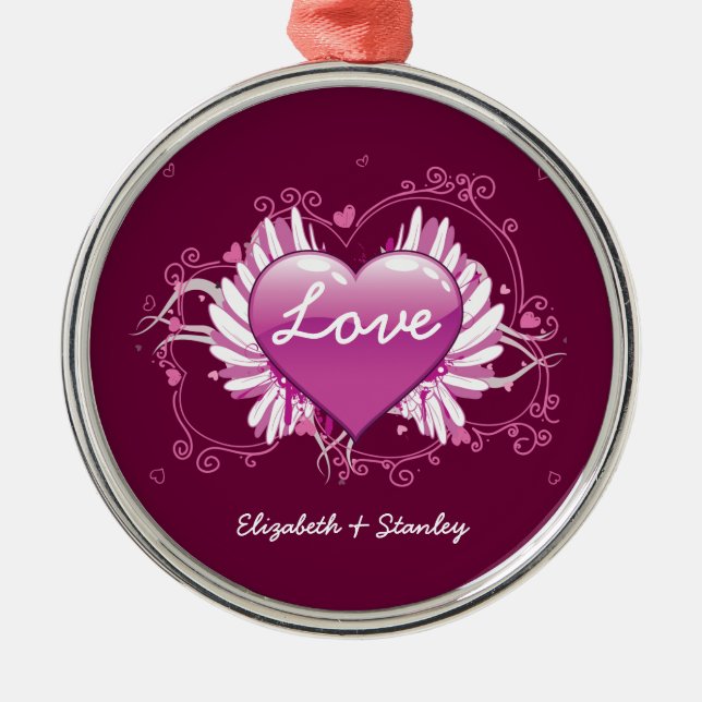 Purple heart wings swirls Love Valentine's Day Metal Tree Decoration (Front)