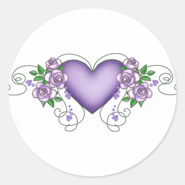 purple heart with roses & vines classic round sticker (Front)