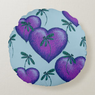Purple Hearts and Draginflies Round Cushion