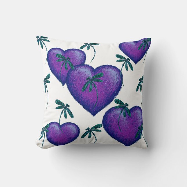 Purple Hearts and Dragonflies Cushion (Front)