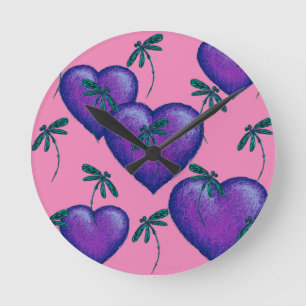 Purple Hearts and Dragonflies Round Clock