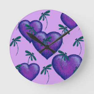 Purple Hearts and Dragonflies Round Clock