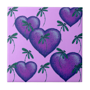 Purple Hearts and Dragonflies Tile