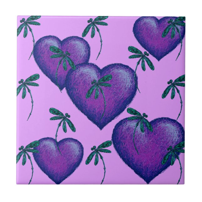 Purple Hearts and Dragonflies Tile (Front)