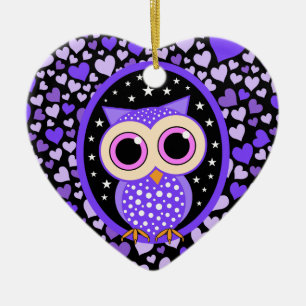 purple hearts and owl ceramic tree decoration