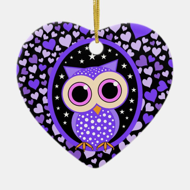 purple hearts and owl ceramic tree decoration (Front)