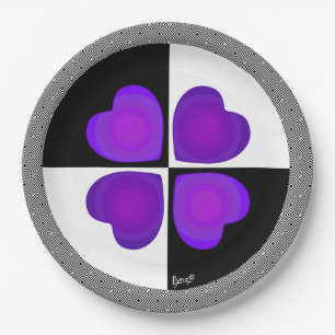 Purple hearts beating B&W Paper Plate