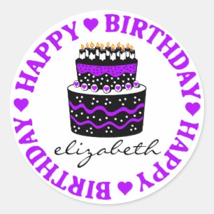 Purple Hearts Birthday Cake Classic Round Sticker