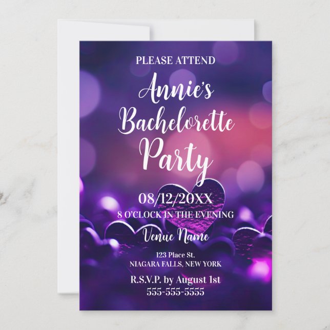 Purple Hearts Bokeh Bachelorette Party Invitation (Front)