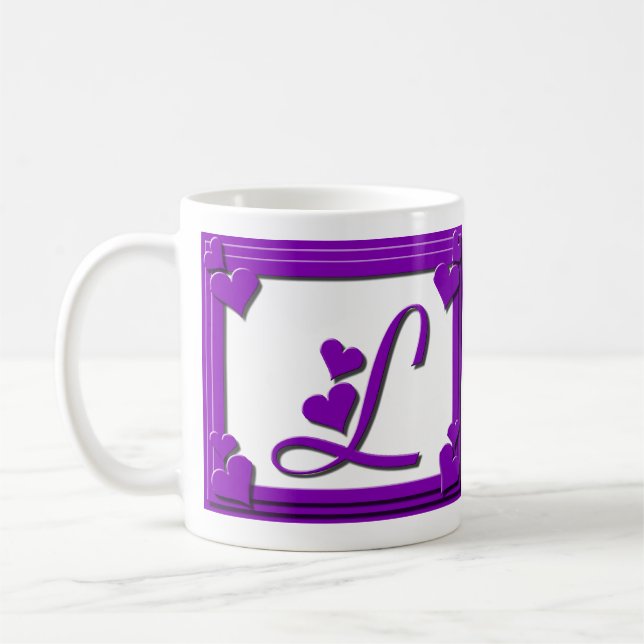 Purple Hearts Frame Monogram Letter L Coffee Mug (Left)