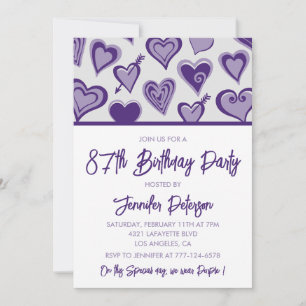 Purple Hearts Girly 87th birthday Invitation
